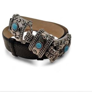 WCM New York ITALIAN Leather Luxury Black Belt Turquoise Western Women M